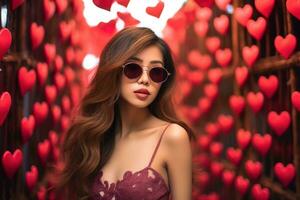 la Saint-Valentin journée. portrait de magnifique Jeune asiatique femme dans des lunettes de soleil sur rouge Contexte avec cœurs. ai généré photo