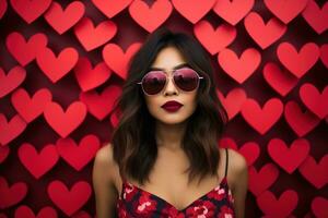 la Saint-Valentin journée. portrait de magnifique Jeune asiatique femme dans des lunettes de soleil sur rouge Contexte avec cœurs. ai généré photo