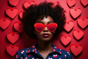 à la mode africain américain femme avec des lunettes sur Valentin Contexte ai généré photo