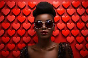 à la mode africain américain femme avec des lunettes sur Valentin Contexte ai généré photo