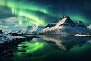 aurore borealis dans Islande avec neige couvert montagnes et réflexion ai généré photo