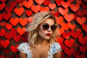 la Saint-Valentin journée. portrait de magnifique Jeune femme dans des lunettes de soleil sur rouge Contexte avec cœurs. ai généré photo