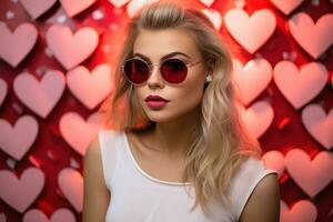 la Saint-Valentin journée. portrait de magnifique Jeune femme dans des lunettes de soleil sur rouge Contexte avec cœurs. ai généré photo