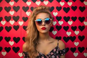 la Saint-Valentin journée. portrait de magnifique Jeune femme dans des lunettes de soleil sur rouge Contexte avec cœurs. ai généré photo