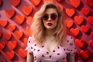 la Saint-Valentin journée. portrait de magnifique Jeune femme dans des lunettes de soleil sur rouge Contexte avec cœurs. ai généré photo