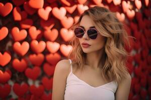 la Saint-Valentin journée. portrait de magnifique Jeune femme dans des lunettes de soleil sur rouge Contexte avec cœurs. ai généré photo