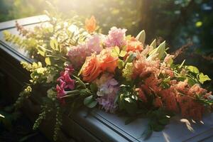 coloré fleurs sur le la tombe dans le cimetière, funéraire concept. ai généré photo