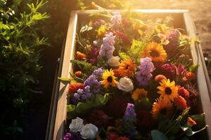 coloré fleurs sur le la tombe dans le cimetière, funéraire concept. ai généré photo