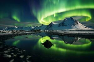 aurore borealis dans Islande avec neige couvert montagnes et réflexion ai généré photo