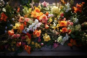 coloré fleurs sur le la tombe dans le cimetière, funéraire concept. ai généré photo