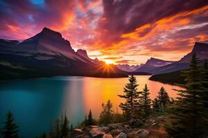 majestueux le coucher du soleil dans glacier nationale parc, Montana, Etats-Unis. ai généré photo