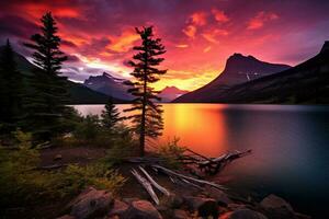 majestueux le coucher du soleil dans glacier nationale parc, Montana, Etats-Unis. ai généré photo