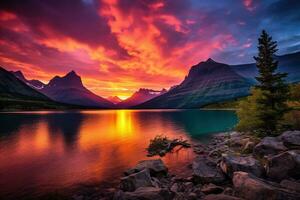 majestueux le coucher du soleil dans glacier nationale parc, Montana, Etats-Unis. ai généré photo