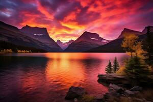 majestueux le coucher du soleil dans glacier nationale parc, Montana, Etats-Unis. ai généré photo