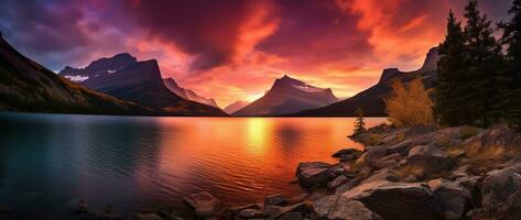 le coucher du soleil plus de glacier nationale parc, Montana, uni États de Amérique ai généré photo