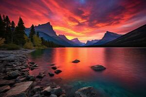 majestueux le coucher du soleil dans glacier nationale parc, Montana, Etats-Unis. ai généré photo