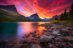 majestueux le coucher du soleil dans glacier nationale parc, Montana, Etats-Unis. ai généré photo