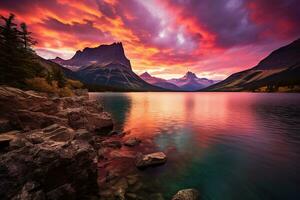 majestueux le coucher du soleil dans glacier nationale parc, Montana, Etats-Unis. ai généré photo