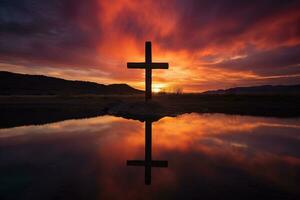 concept ou conceptuel bois traverser ou religion symbole forme plus de une le coucher du soleil ciel Contexte bannière ai généré photo