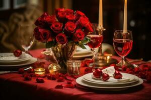 romantique table réglage avec rouge des roses, bougies et des lunettes de vin.valentine concept ai généré photo