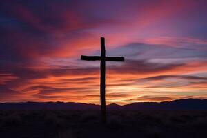 concept ou conceptuel bois traverser ou religion symbole forme plus de une le coucher du soleil ciel Contexte bannière ai généré photo