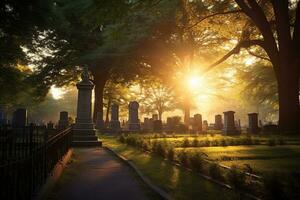 pierres tombales dans une cimetière à lever du soleil ai généré photo