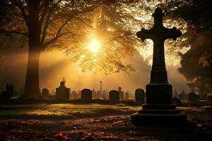 pierres tombales dans une cimetière à lever du soleil ai généré photo