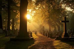 pierres tombales dans une cimetière à lever du soleil ai généré photo