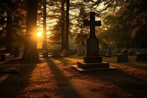 pierres tombales dans une cimetière à lever du soleil ai généré photo