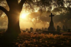 pierres tombales dans une cimetière à lever du soleil ai généré photo