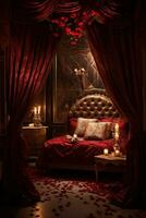 romantique pièce intérieur avec rose rideaux et rouge cœurs. la Saint-Valentin journée concept. ai généré photo
