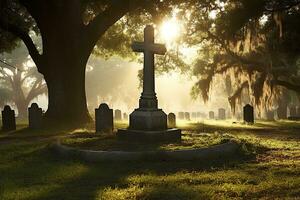 pierres tombales dans une cimetière à lever du soleil ai généré photo