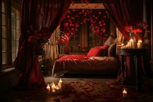 romantique pièce intérieur avec rose rideaux et rouge cœurs. la Saint-Valentin journée concept. ai généré photo