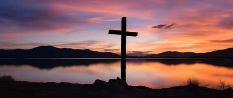 concept ou conceptuel bois traverser ou religion symbole forme plus de une le coucher du soleil ciel Contexte bannière ai généré photo