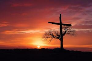 concept ou conceptuel bois traverser ou religion symbole forme plus de une le coucher du soleil ciel Contexte bannière ai généré photo