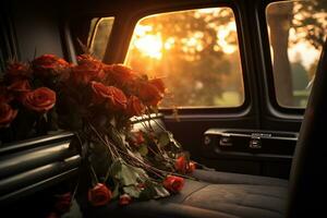 magnifique fleurs dans une voiture à le coucher du soleil. concept de funérailles. ai généré photo