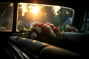 magnifique fleurs dans une voiture à le coucher du soleil. concept de funérailles. ai généré photo