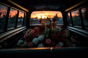 magnifique fleurs dans une voiture à le coucher du soleil. concept de funérailles. ai généré photo