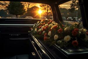 magnifique fleurs dans une voiture à le coucher du soleil. concept de funérailles. ai généré photo