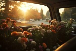 magnifique fleurs dans une voiture à le coucher du soleil. concept de funérailles. ai généré photo