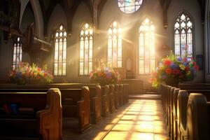 intérieur de une église avec une lot de fleurs dans le premier plan.funérailles concept ai généré photo