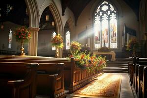 intérieur de une église avec une lot de fleurs dans le premier plan.funérailles concept ai généré photo