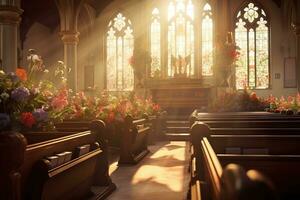 intérieur de une église avec une lot de fleurs dans le premier plan.funérailles concept ai généré photo