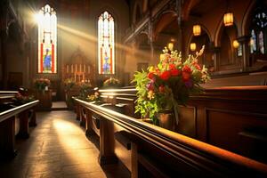 intérieur de une église avec une lot de fleurs dans le premier plan.funérailles concept ai généré photo