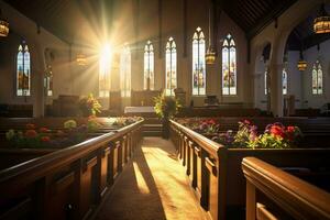 intérieur de une église avec une lot de fleurs dans le premier plan.funérailles concept ai généré photo