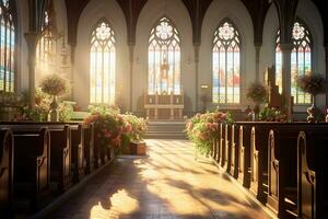 intérieur de une église avec une lot de fleurs dans le premier plan.funérailles concept ai généré photo