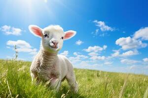 mignonne agneau sur vert herbe en dessous de bleu ciel avec blanc des nuages. ai généré photo