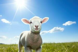 mignonne agneau sur vert herbe en dessous de bleu ciel avec blanc des nuages. ai généré photo