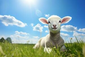 mignonne agneau sur vert herbe en dessous de bleu ciel avec blanc des nuages. ai généré photo