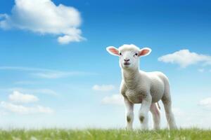 mignonne agneau sur vert herbe en dessous de bleu ciel avec blanc des nuages. ai généré photo